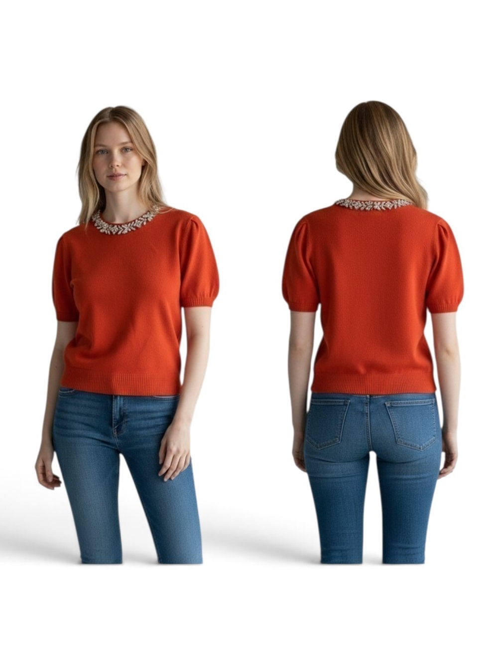 Petal & Pup Red Jeweled Neck Puff Sleeve Sweater Tee